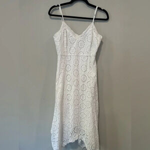 Stellah White Eyelet Lace Trimmed Midi Bohemian Dress Flattering Size XS 1524